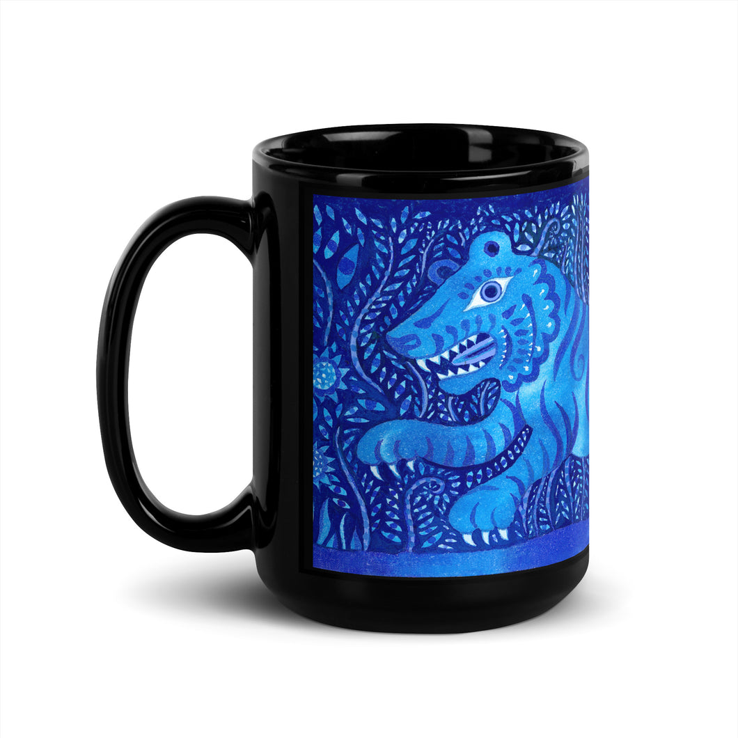 Blue Tiger Glossy Black Mug (15 oz)